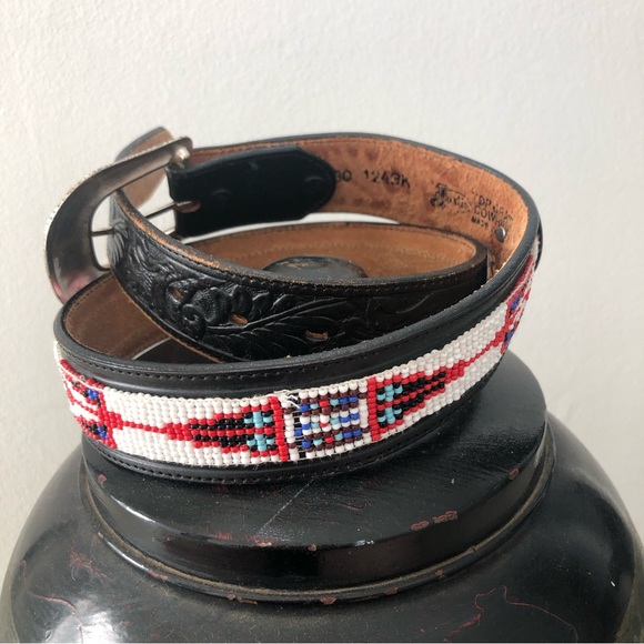 Vintage Tooled Embossed Beaded Leather Belt - Picture 2 of 10